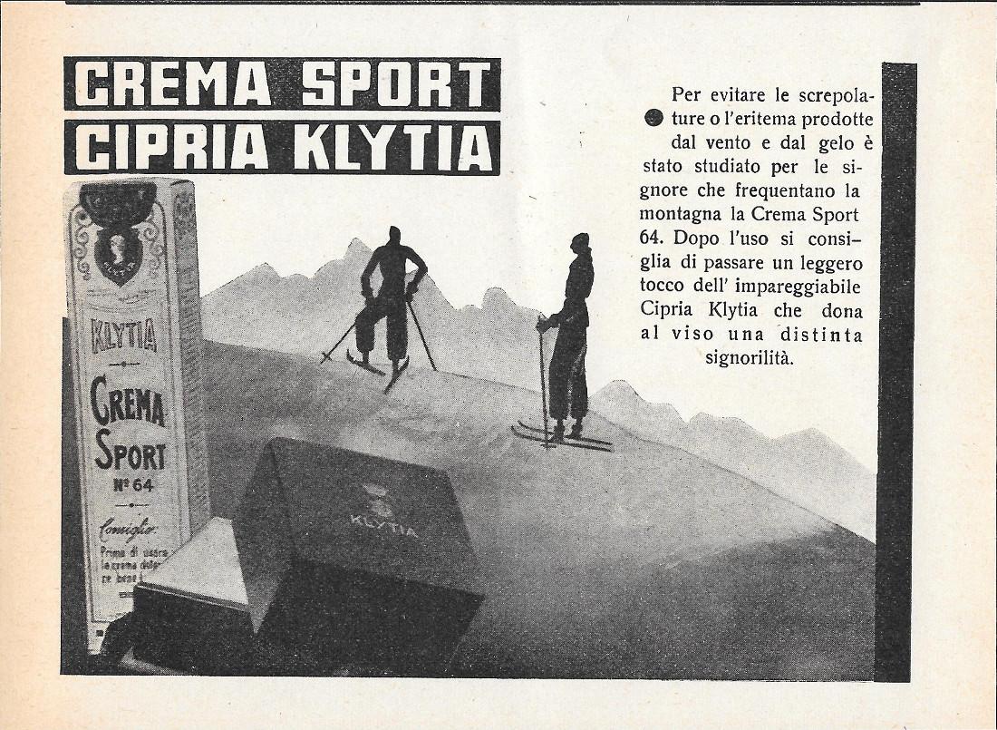Crema Sport . Cipria Klytia / Olio Sasso. Advertising 1936