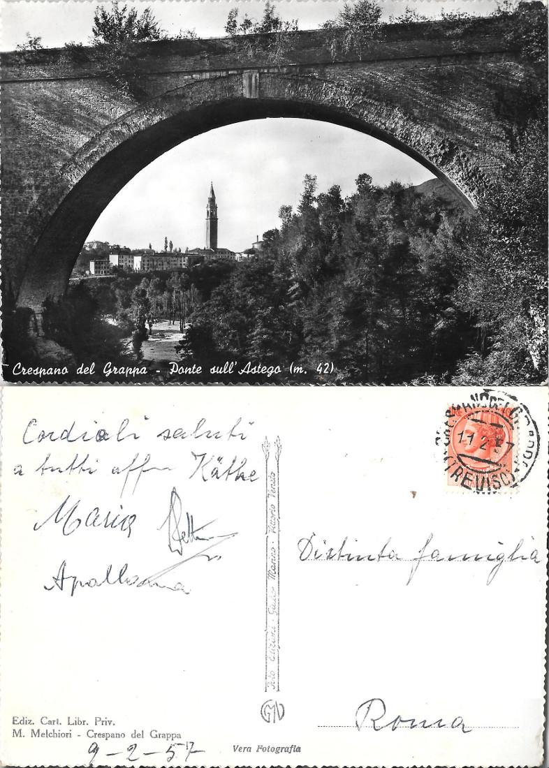 Crespano del Grappa. Ponte sull'Astego. Viaggiata 1957