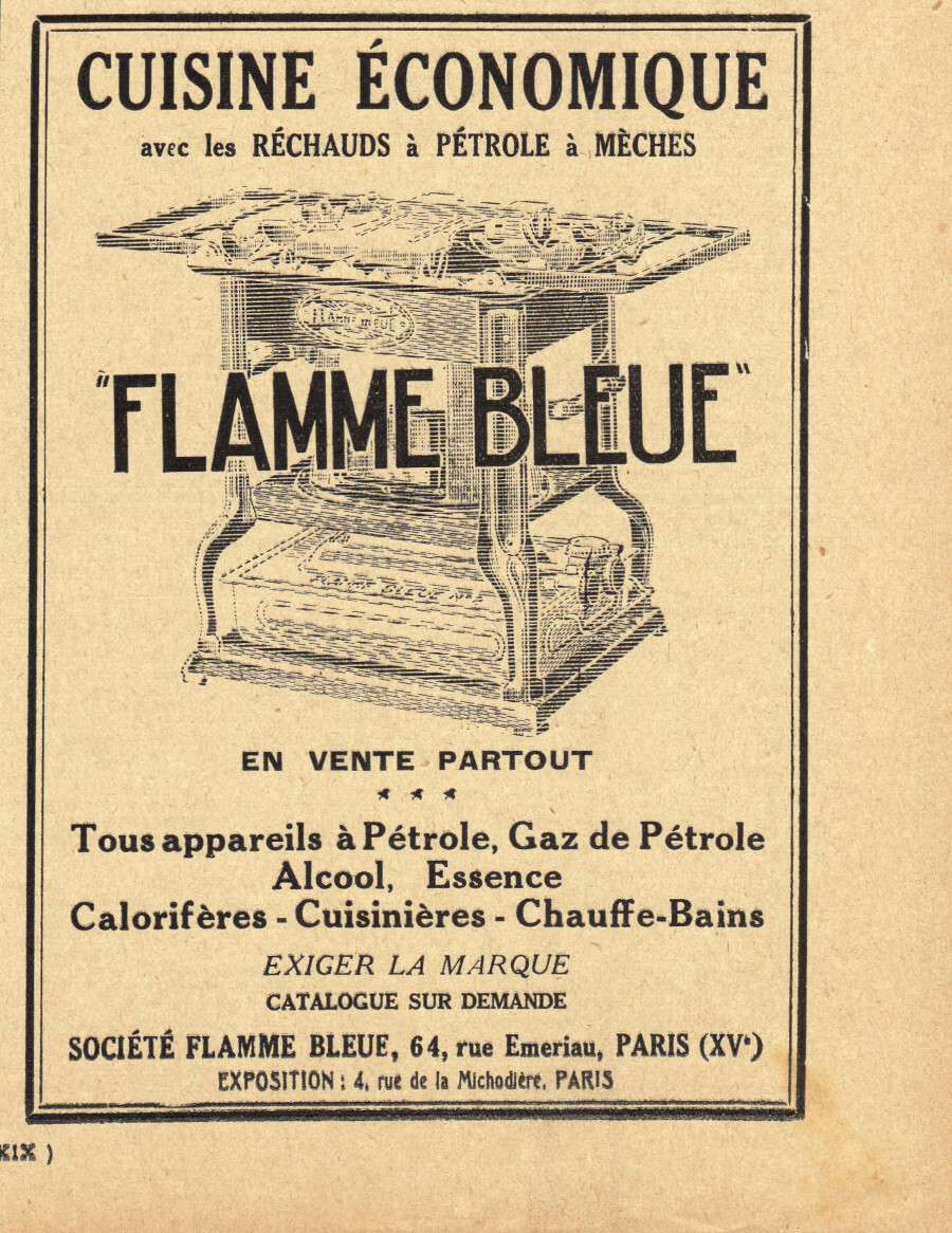 Cuisine economique Flamme Bleue. Advertising 1927