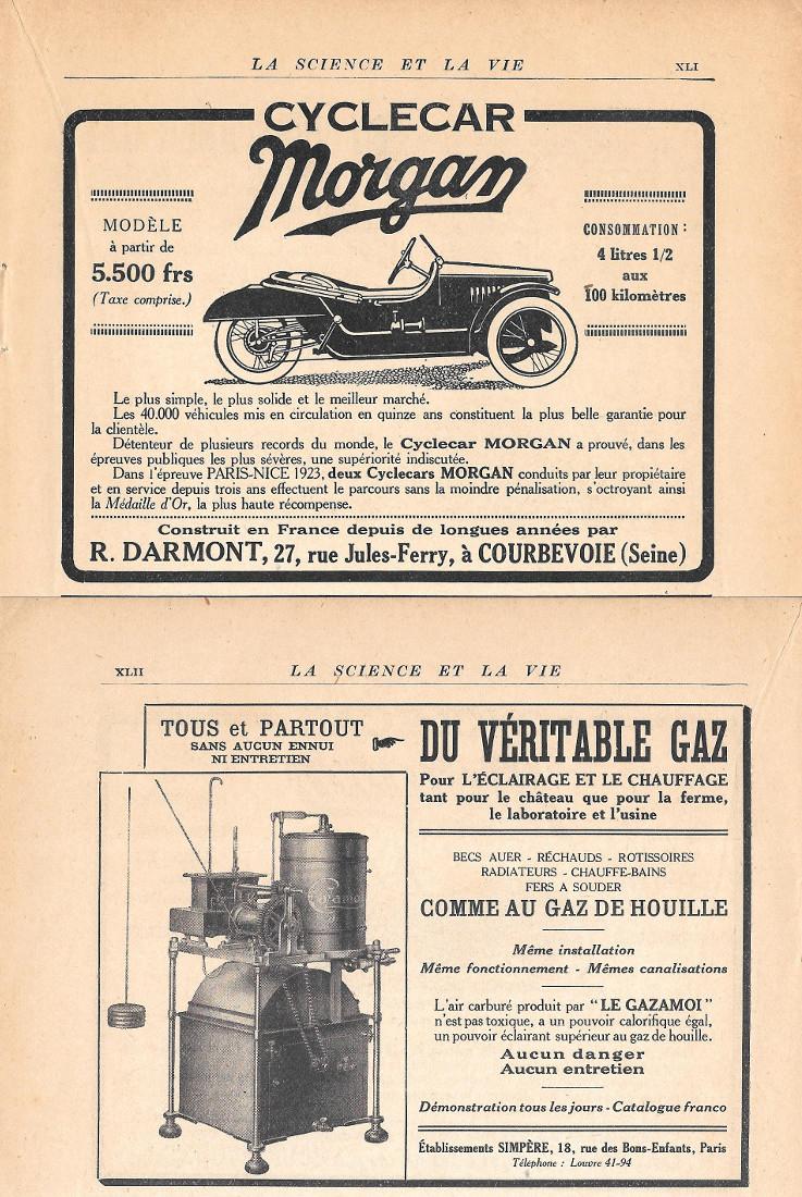 Cyclecar Morgan / Du veritable gaz. Etab. Simpere. Pubblicita 1923, …