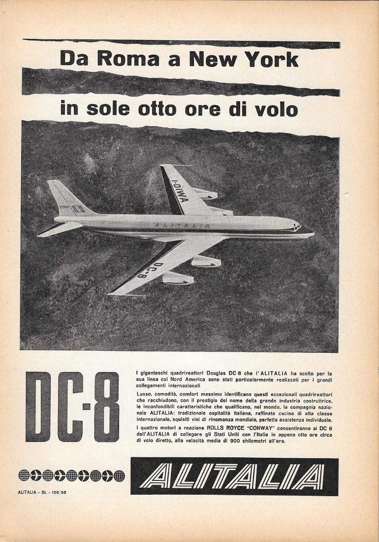 DC-8 Alitalia, Roma New York in 8 ore. Advertising 1958