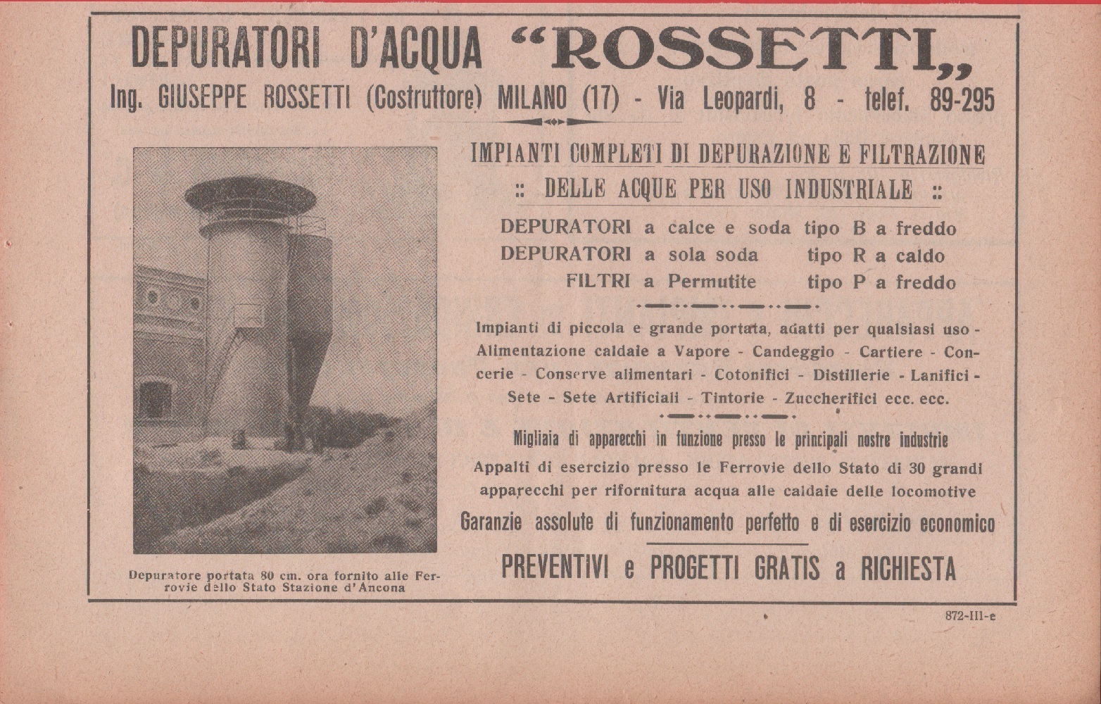 Depuratori d'acqua Rossetti. Milano. Advertising 1926