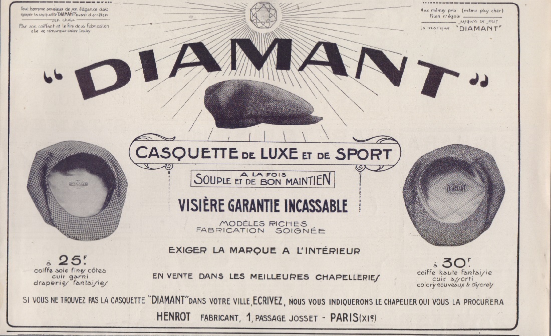 Diamant. Casquette de luxe et de sport. Advertising 1925