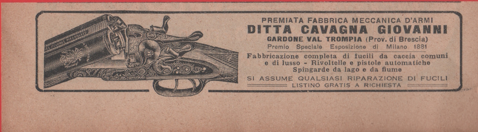 Ditta Cavagna Giovanni. Premiata fabbrica d'armi, Brescia. Advertising 1926