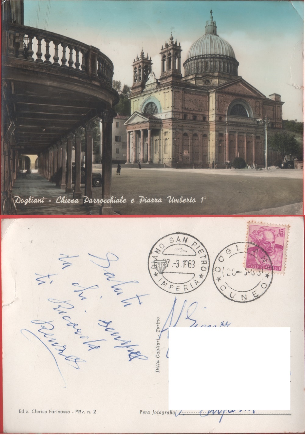 Dogliani (CN). Chiesa Parrocchiale e Piazza Umberto I. Viaggiata 1963