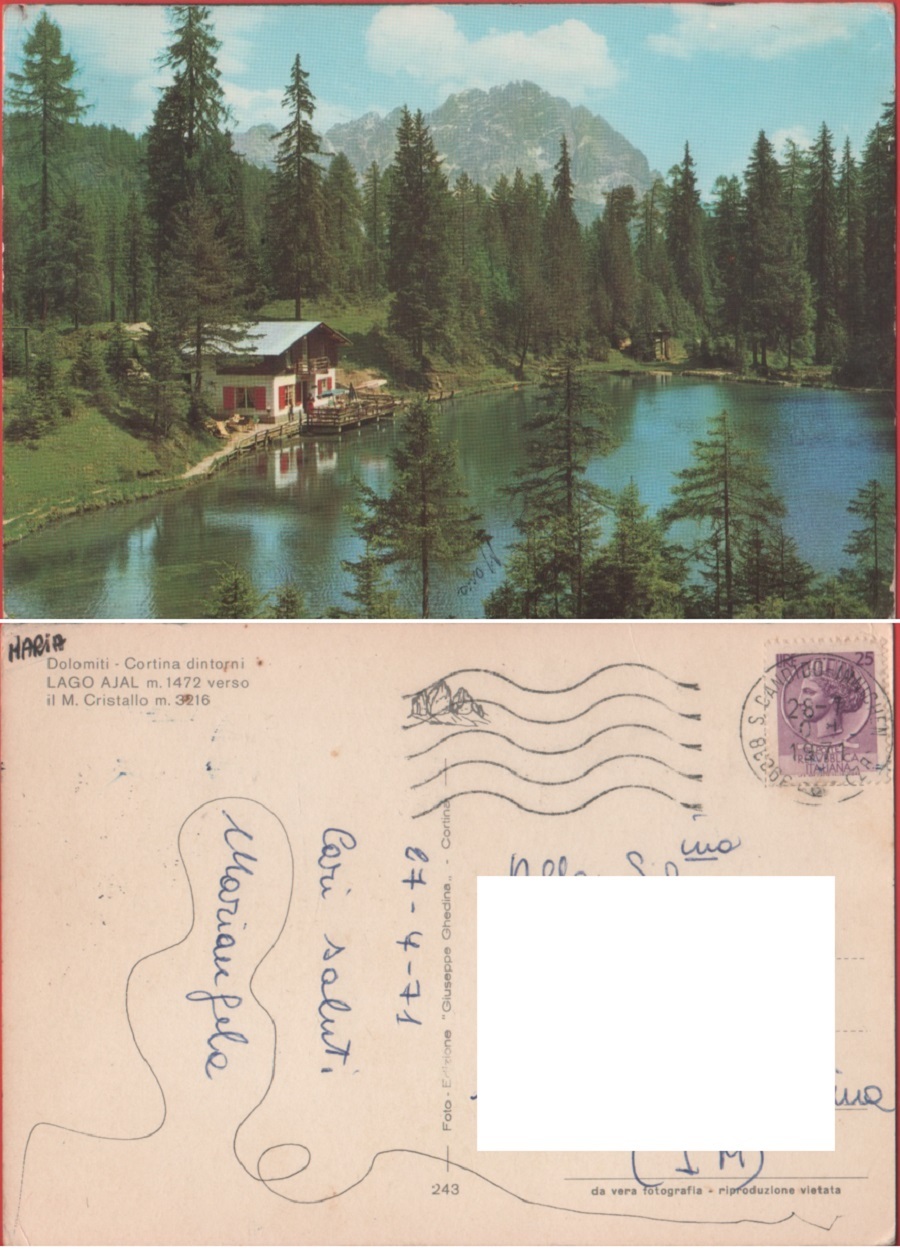 Dolomiti. Lago di Ajal verso il M. Cristallo. Viaggiata 1971