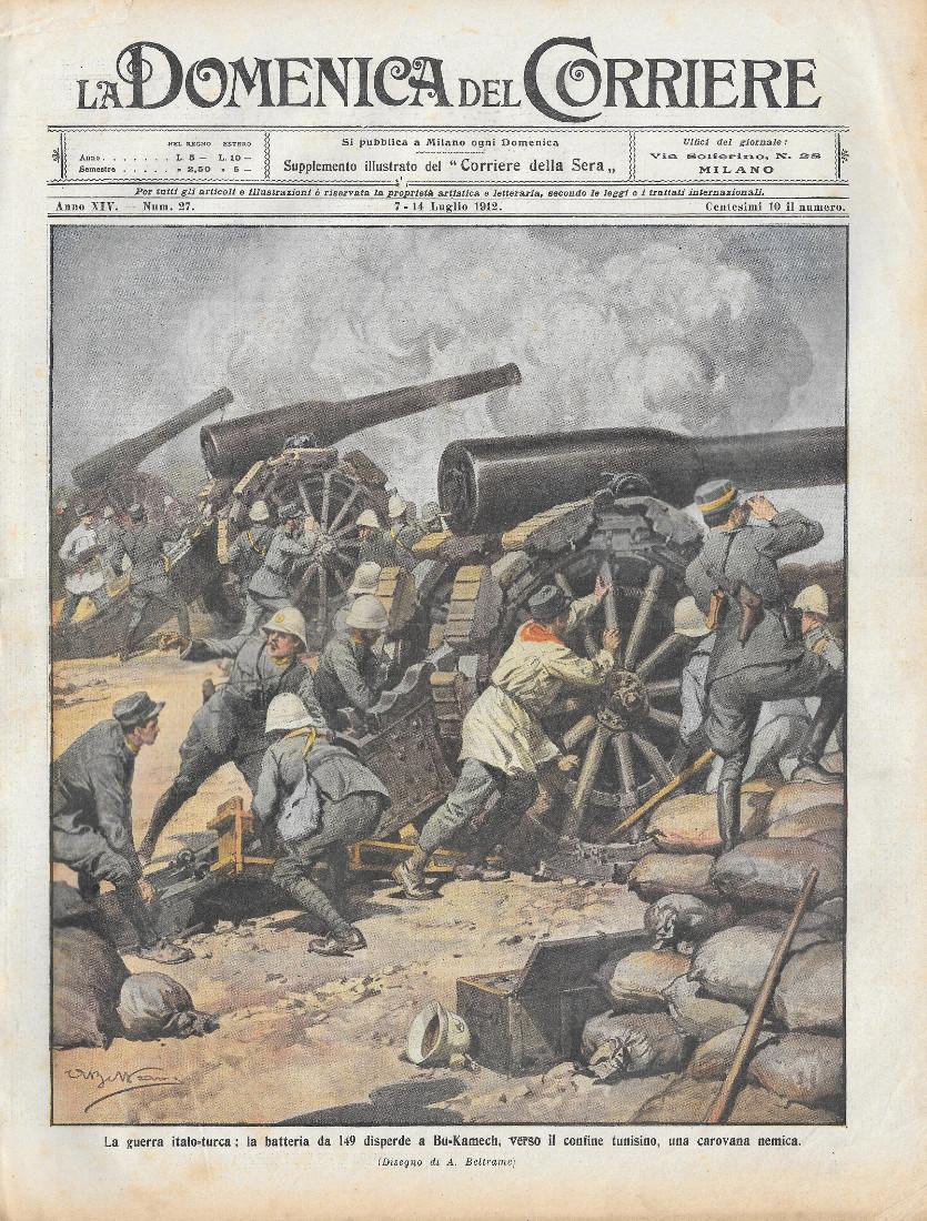 Domenica del Corriere 17/7/1912. Batteria da 149 a Bu-Kamech. Beltrame