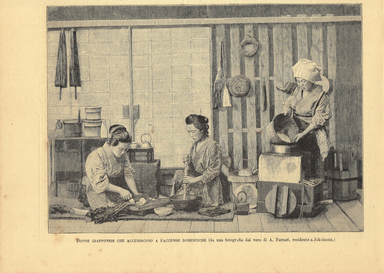 Donne giapponesi che accudiscono a faccende domestiche. Immagine 1889