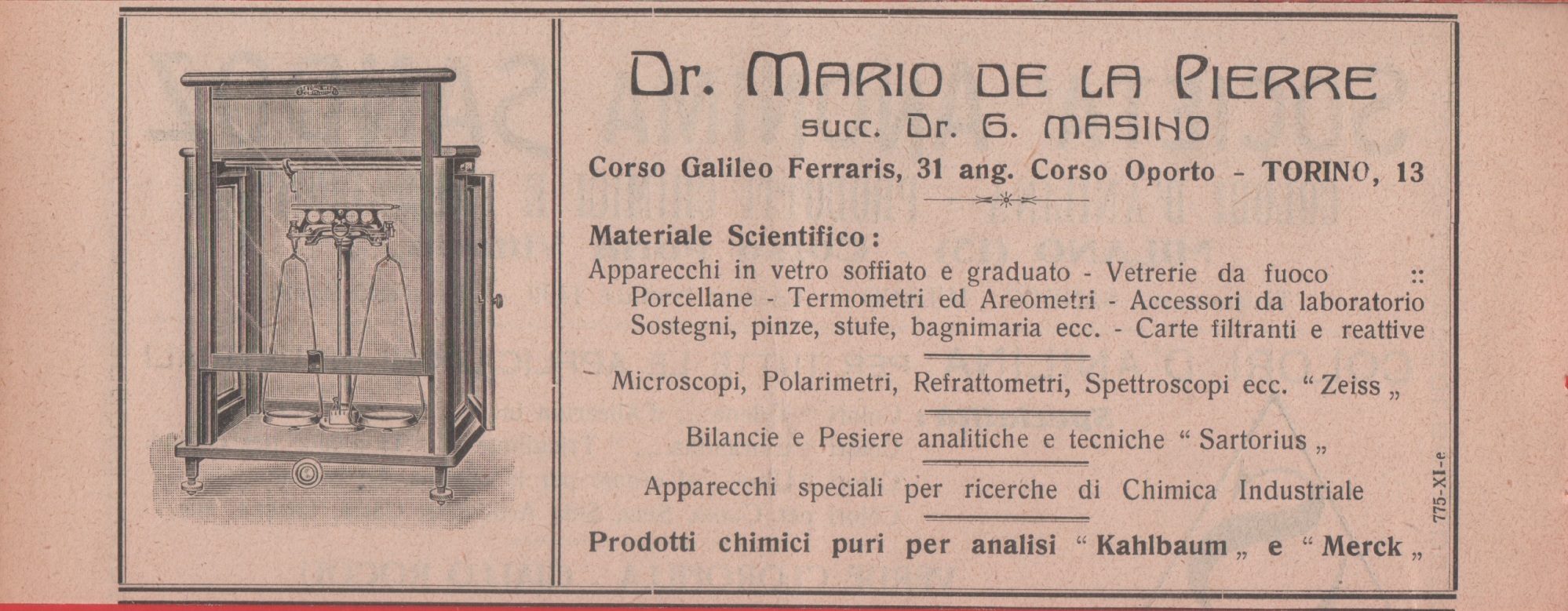 Dr. Mario De La Pierre. Materiale scientifico. Torino. Advertising 1926