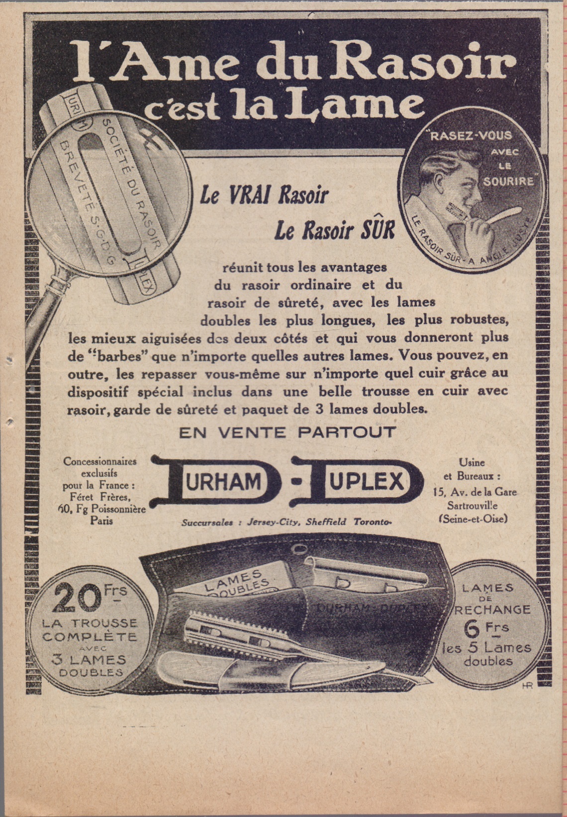 Durham-Duplex. L'ame du rasoir c'est la lame. Advertising 1920