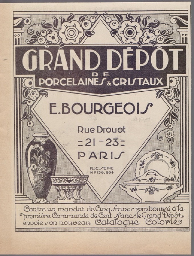 E. Bourgeois gran depot de porcellaine &amp; cristaux. Advertising 1926