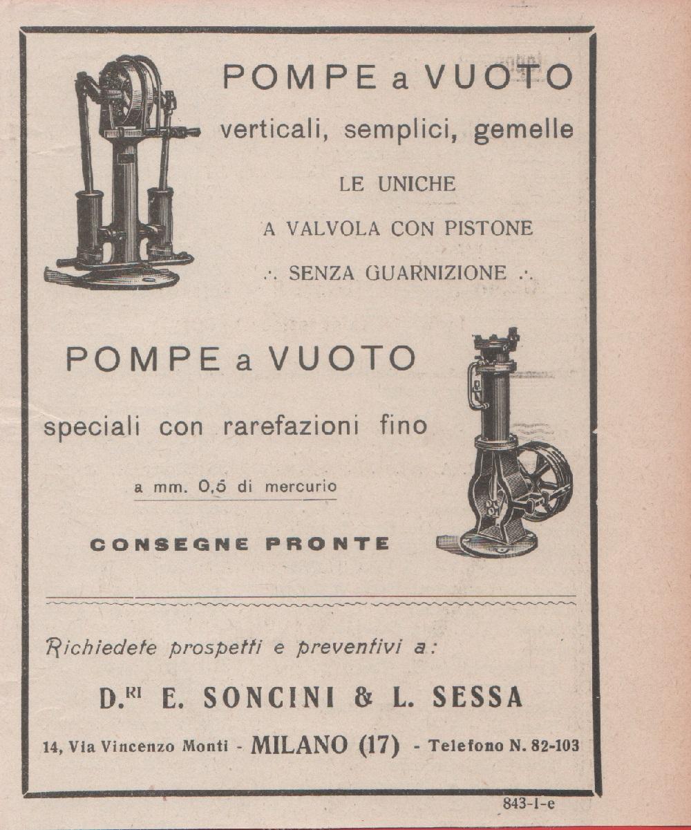 E. Soncini &amp; L. Sessa. Pompe a vuoto. Advertising 1926