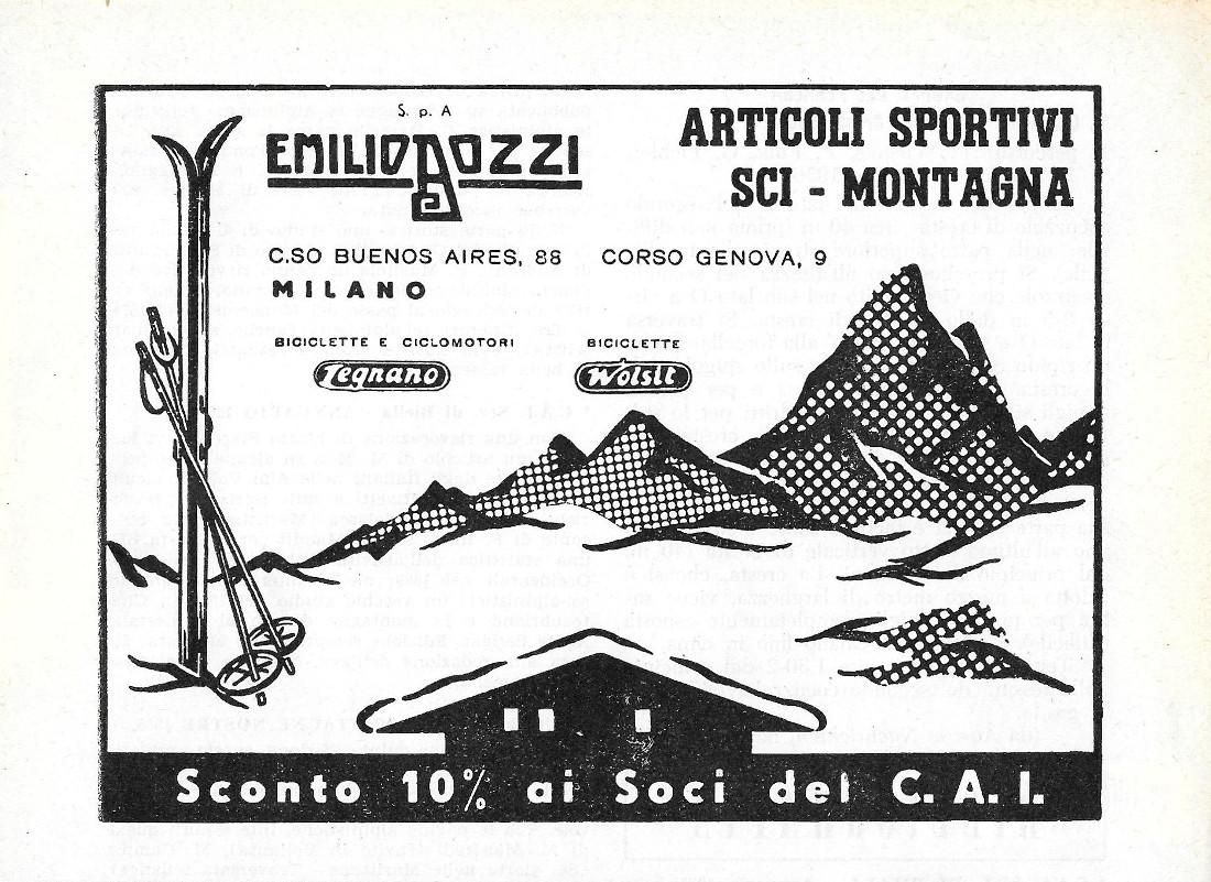 Emilio Bozzi Milano. Articoli sportivi sci-montagna. Advertising 1958