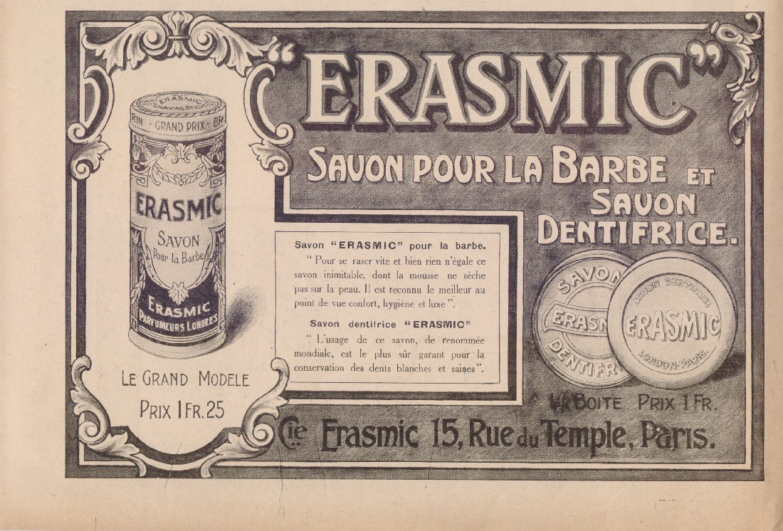Erasmic savon pour la barbe et savon dentifrice. Advertising 1916