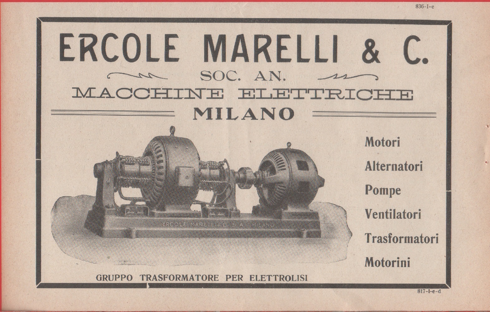 Ercole Marelli &amp; C. Macchine elettriche, Milano. Advertising 1926