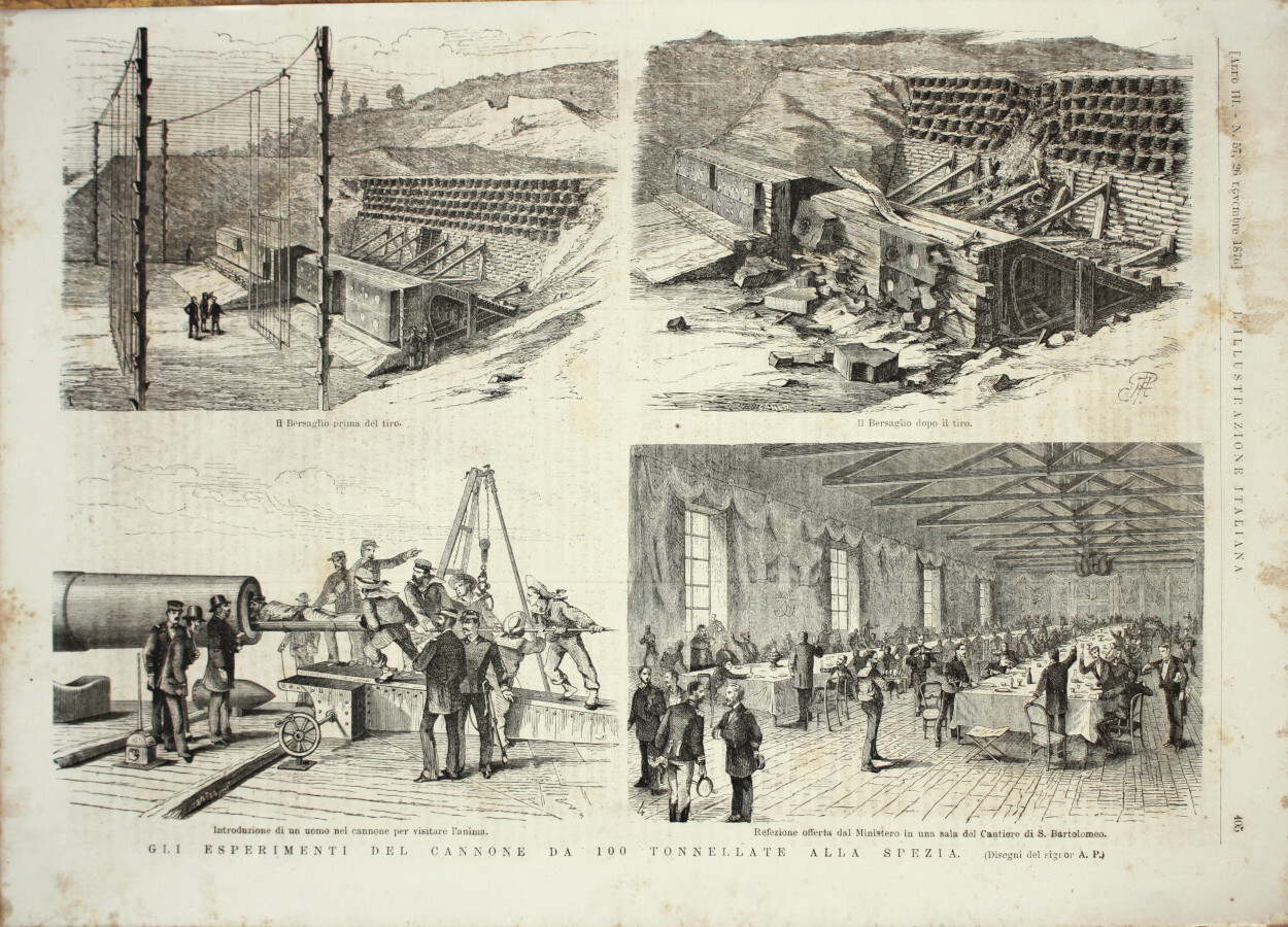 Esperimenti del cannone da 100 tonnellate alla Spezia. Stampa 1876