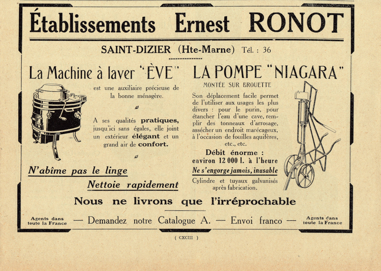 Et.ts Ernest Ronot (Saint-Dizier). Machine a laver Eve, pompe Niagara. …