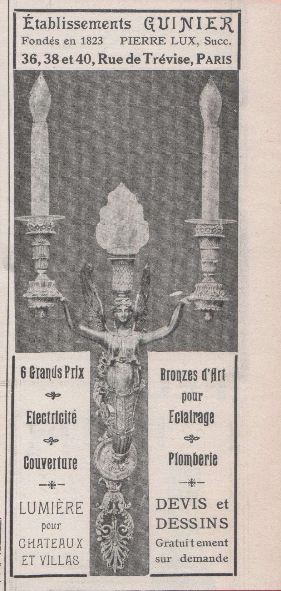Etablissements Gunier. Electricité, bronze d'art pour eclarage. Advertising 1912