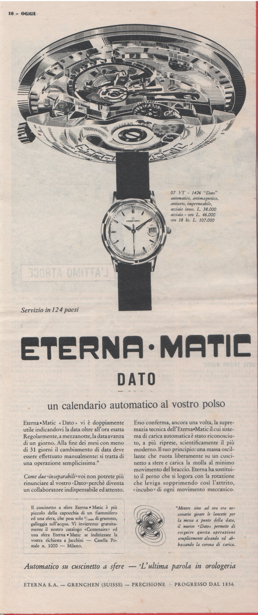 Eterna-Matic orologio. Advertising 1957