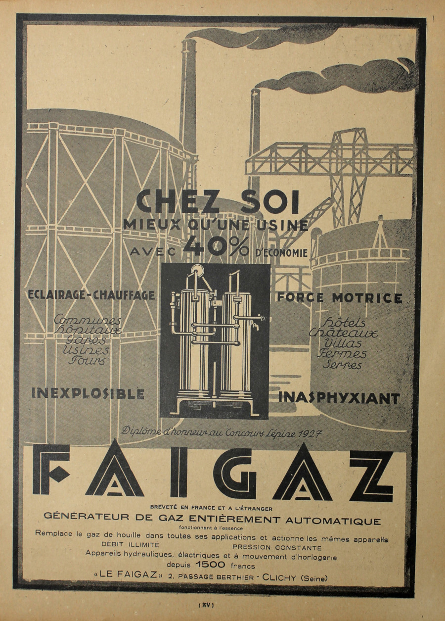 Faigaz. Generateur de gaz entieremet automatique. Advertising 1927