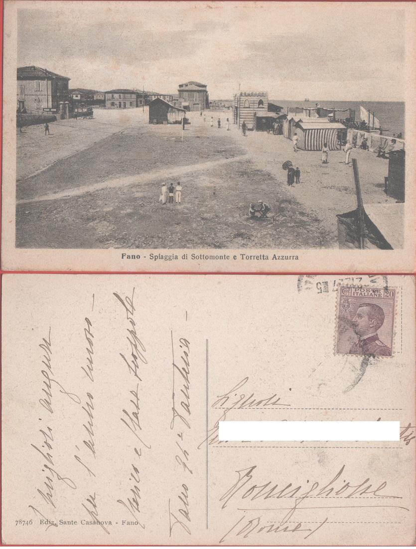 Fano. Spiaggia di Sottomonte e Torretta Azzurra. Viaggiata 1927