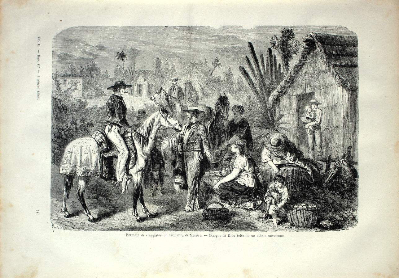 Fermata di viaggiatori in vicinanza di Messico. Stampa 1864
