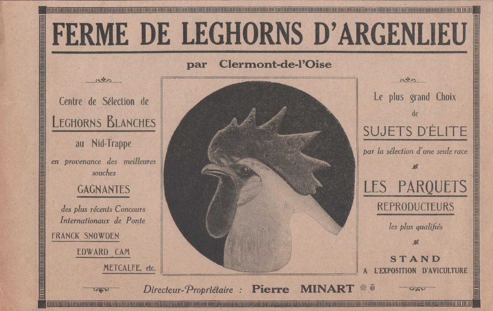 Ferme de Leghorns d'Argenlieu, Clermont de l'Oise. Advertising 1926
