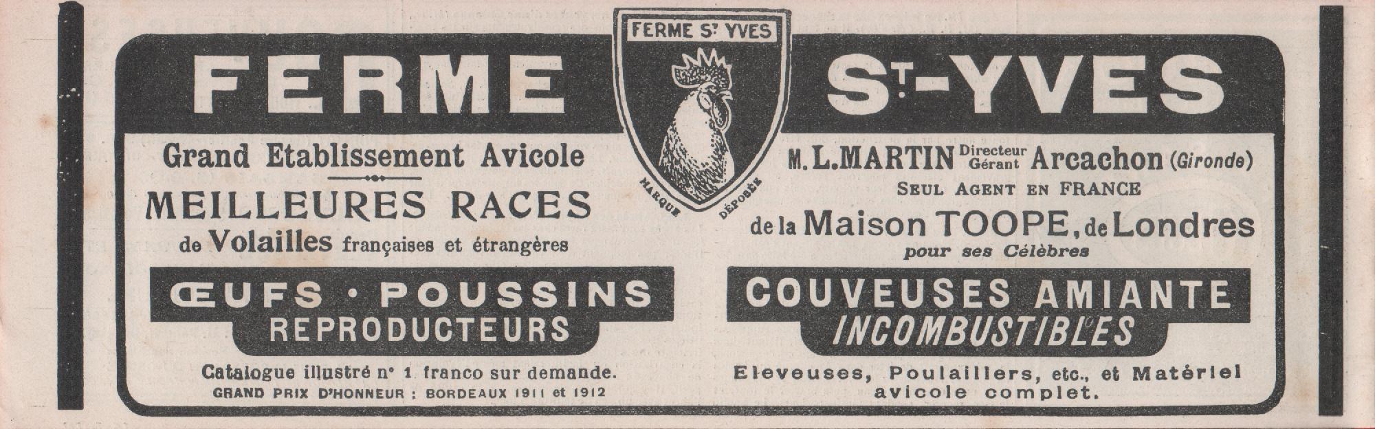 Ferme St. Yves. Oeufs, poussis, couveuses Amiante. Arcachon. Advertising 1912