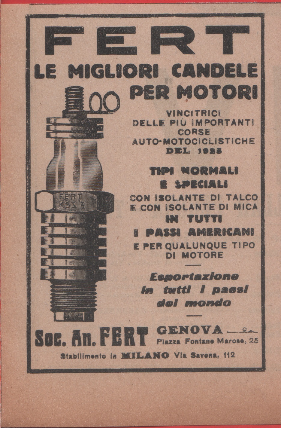 Fert. Le migliori candele per motori. Advertising 1926