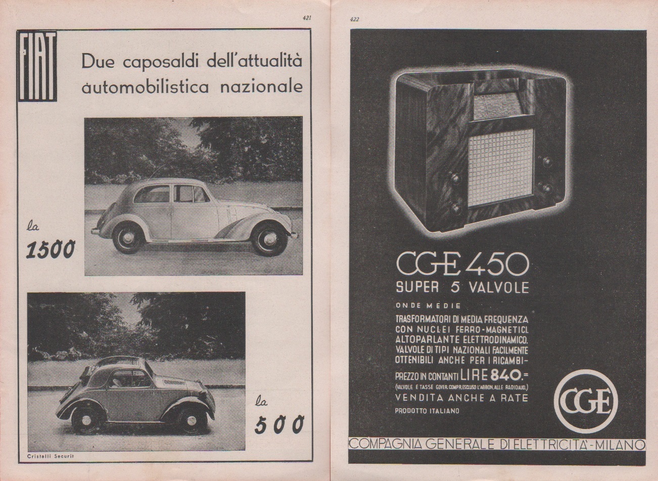 FIAT la 1500, la 500 / CGE 450 super 5 …