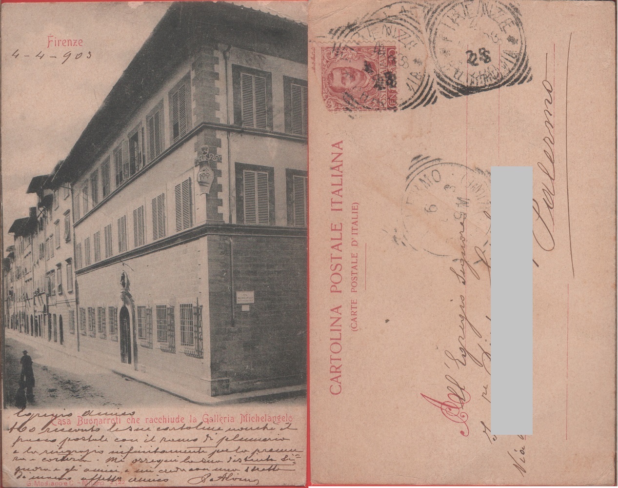 Firenze. Casa Buonarroti che racchiude la Galleria Michelangelo. Viaggiata 1903