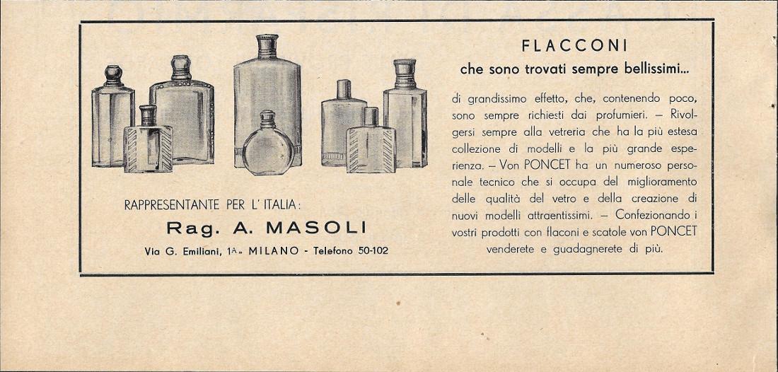 Flacconi Von Poncet. Rappresentante Rag. A. Masoli. Advertising 1943