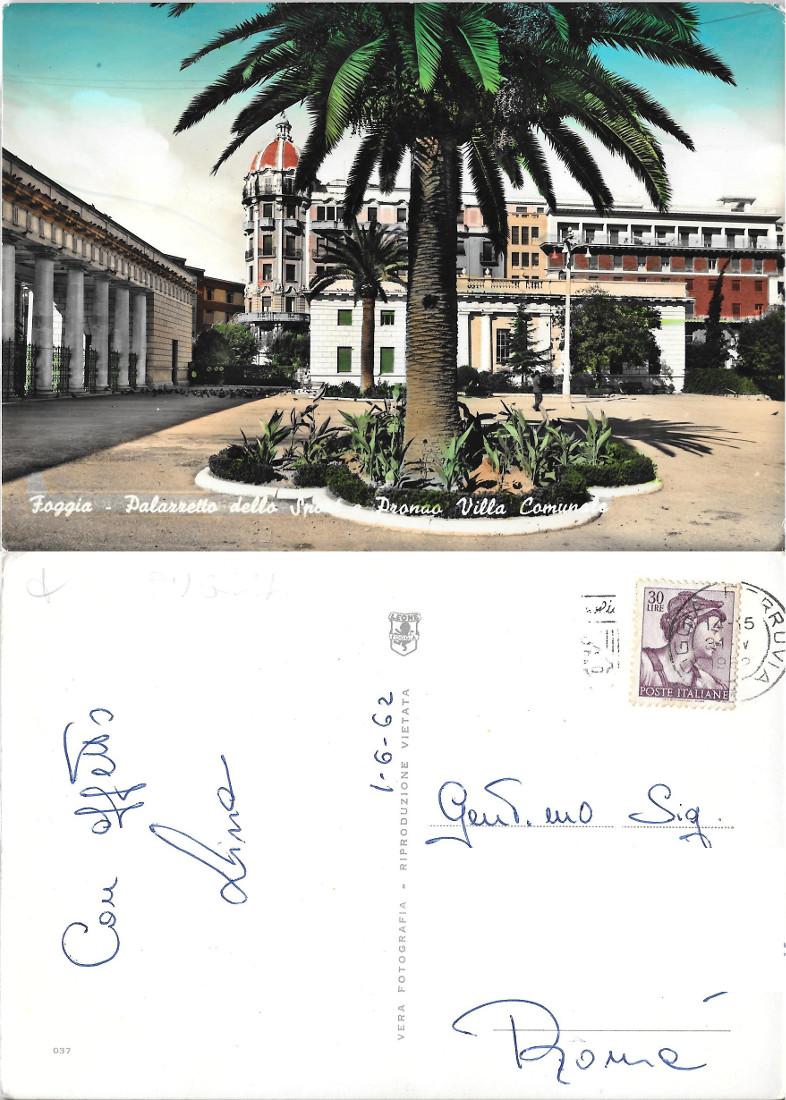 Foggia. Palazzetto dello Sport.Pronao Villa comunale. Viaggiata 1962