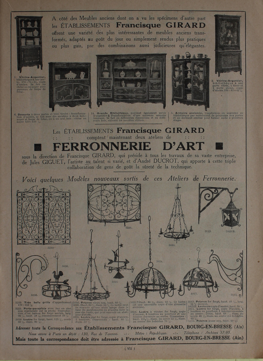 Francisque Girard, ferronerie d'art. Bourg-en-Bresse (Ain). Advertising 1926