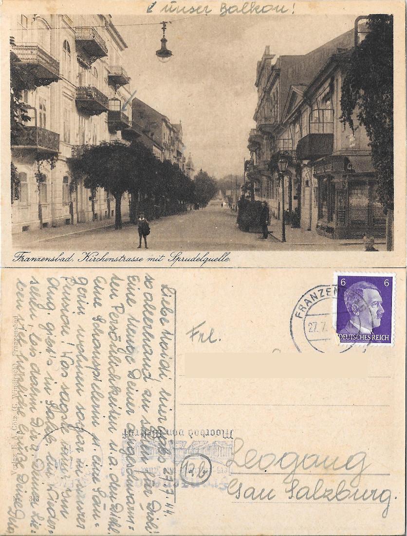 Franzensbad, Kirchenstrasse mit Sprudelquelle. Viaggiata 1944