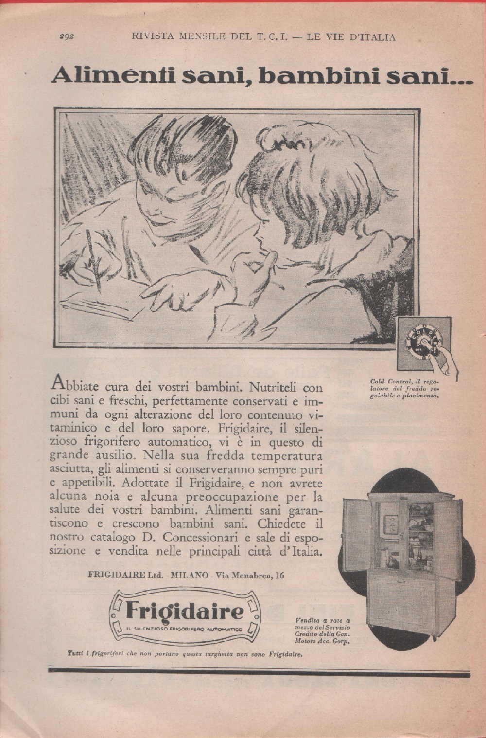 Frigidaire. Alimenti sani, bambini sani.... Advertising 1930