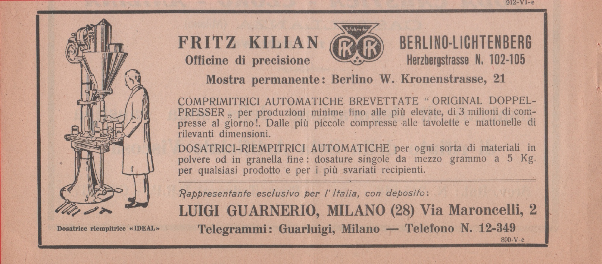 Fritz Kilian. Comprimitrici, dosatrici. Advertising 1926