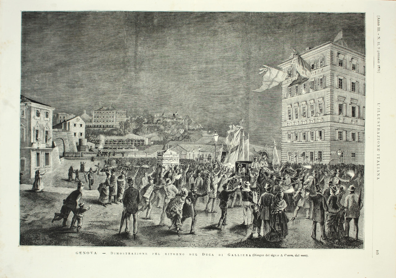 Genova. Dimostrazione per ritorno del Duca di Galliera. Stampa 1876