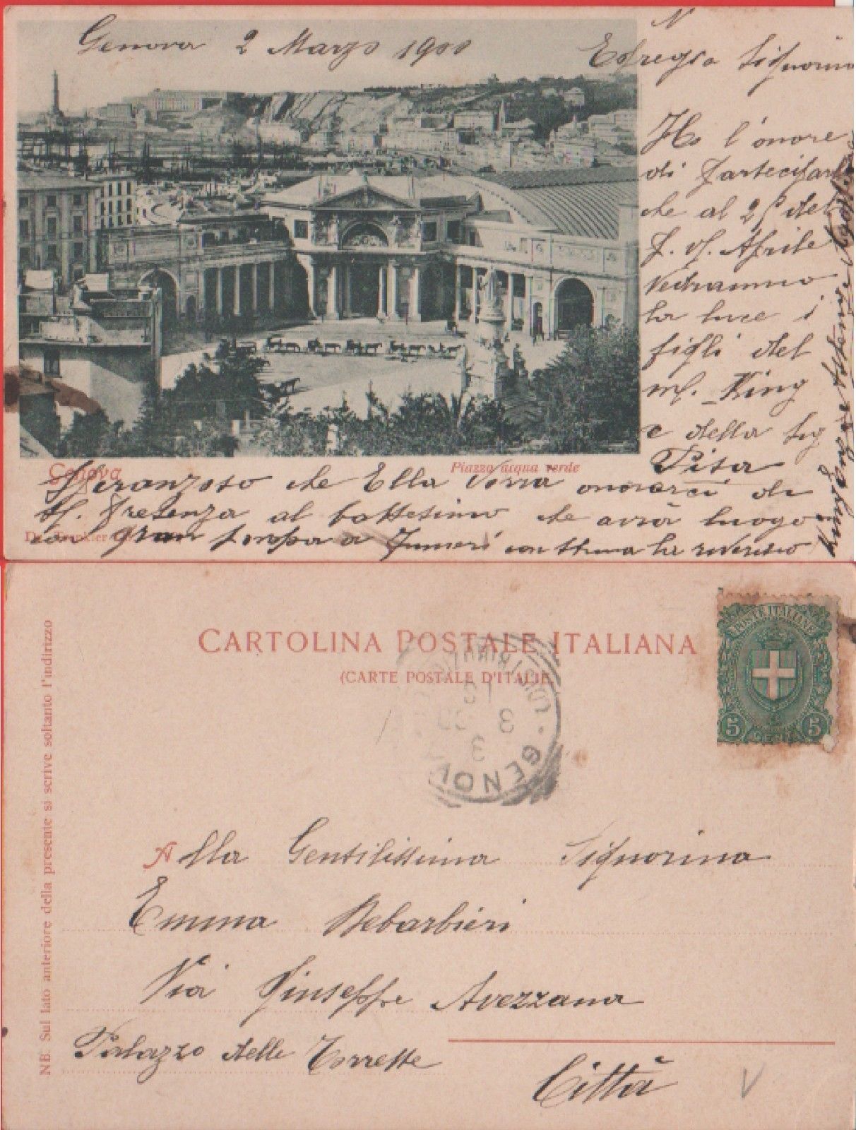 Genova.Piazza acqua Verde. Viaggiata 1900