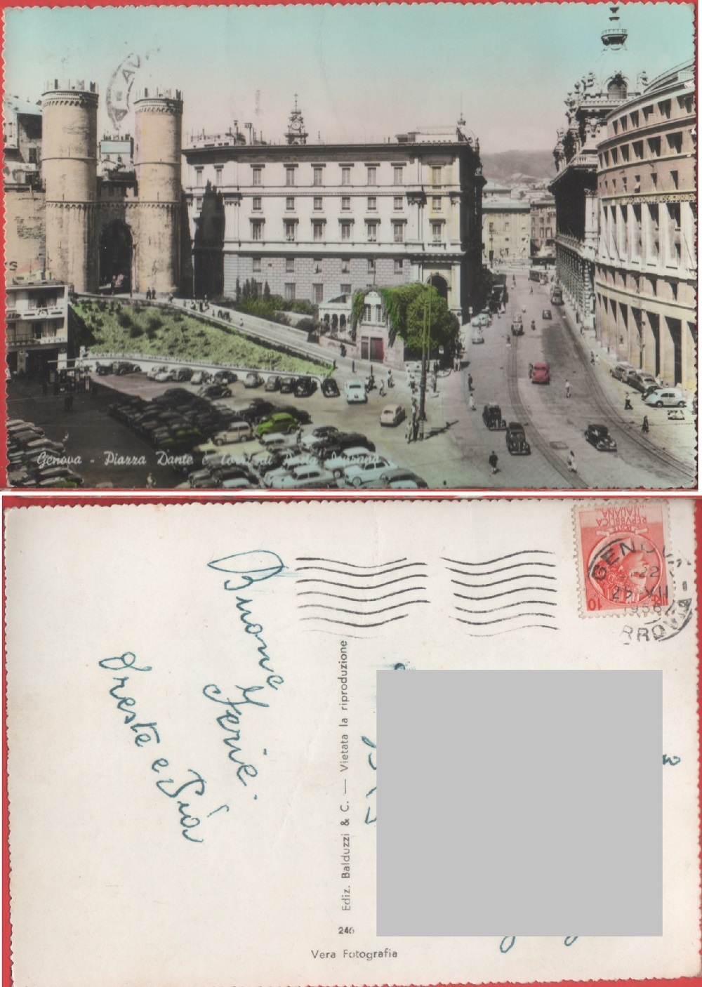 Genova. Piazza Dante e Torri di Porta Soprana. Viaggiata 1956