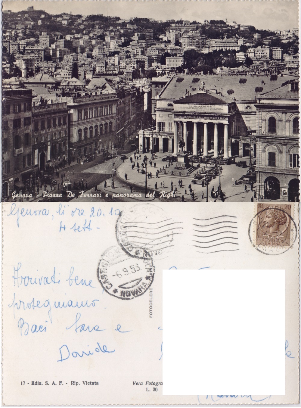 Genova. Piazza De Ferrari e panorama del Righi. Viaggiata 1953