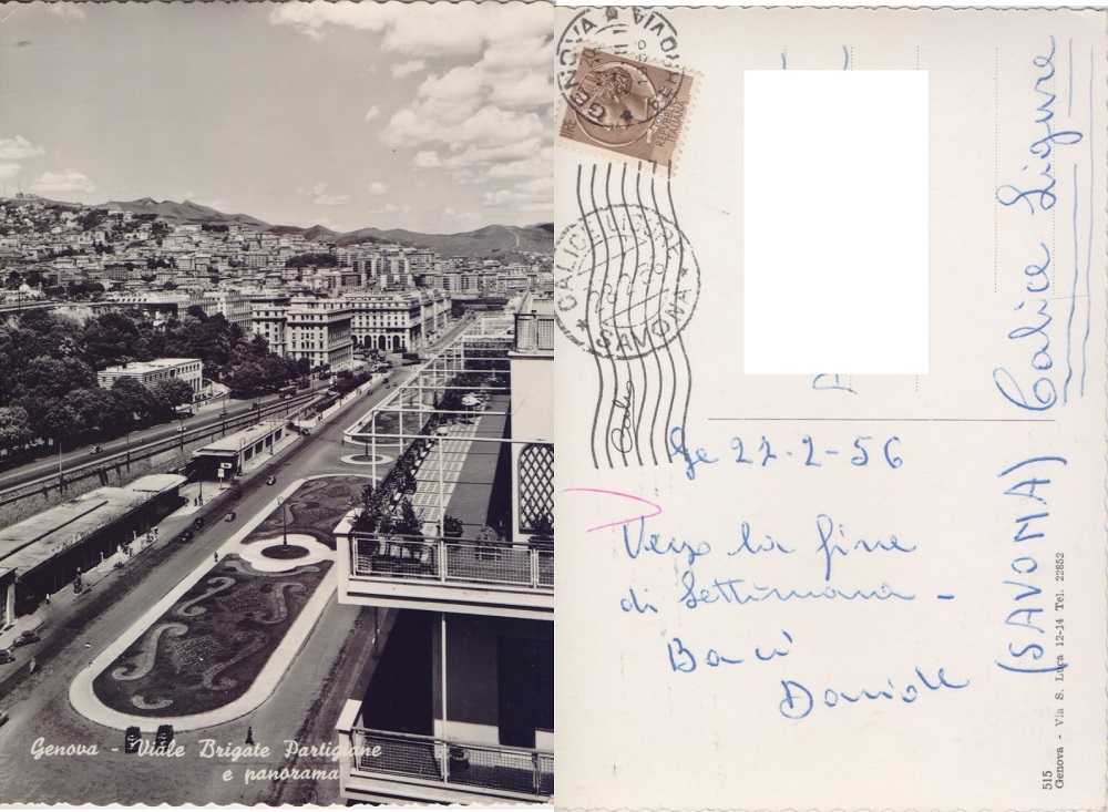 Genova. Viale Brigate Partigiane e panorama. Viaggiata 1956