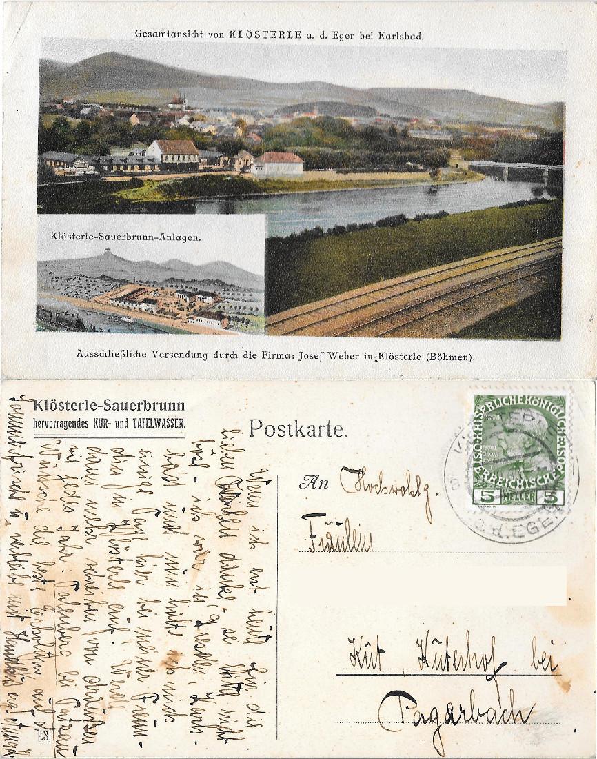 Gesemtansicht von Klosterle a.d. Eger bei Karlbad. Viaggiata 1910