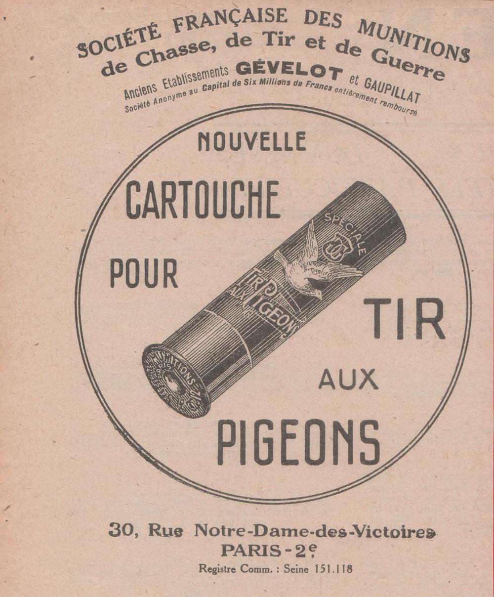 Gevelot. Cartuche pour tir aux pigeons. Advertising 1924