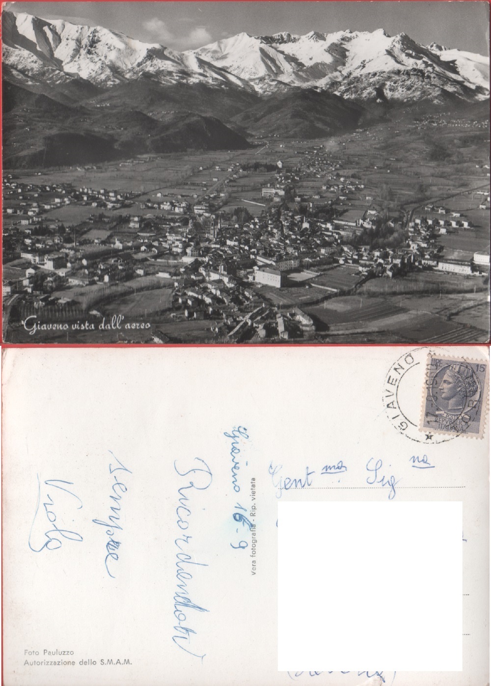 Giaveno (TO). Vista dall'aereo. Viaggiata 1960
