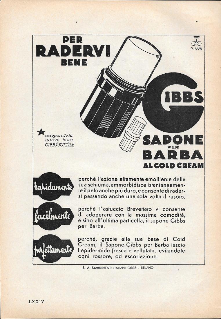 Gibbs. Sapone per barba al Cold Cream. Advertising 1935