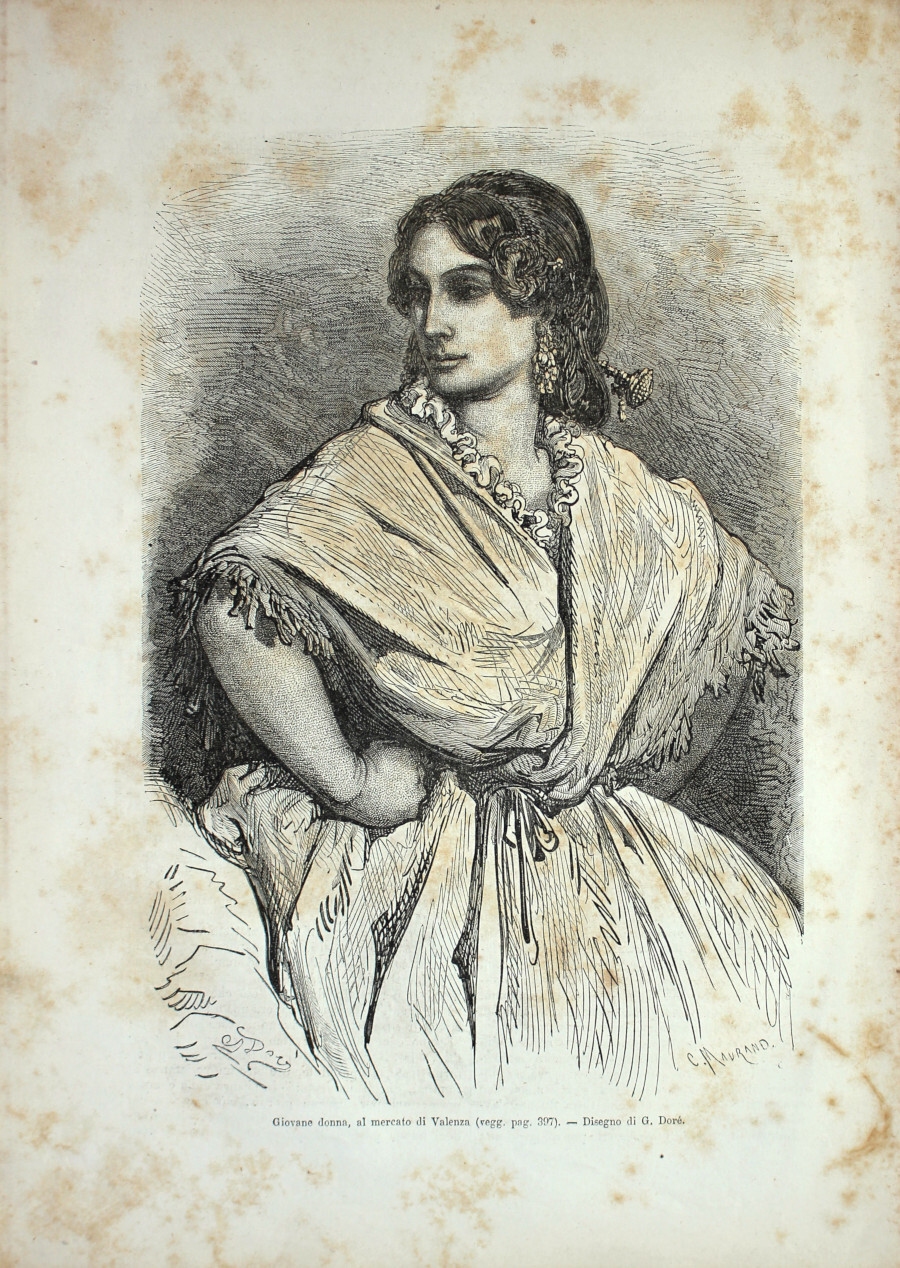 Giovane donna, al mercato di Valencia (Spagna). Stampa 1864