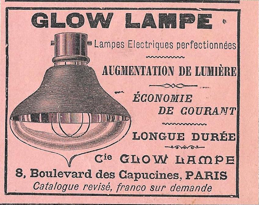 Glow Lampe. Lampes electriques perfectionnees. Advertising 1900
