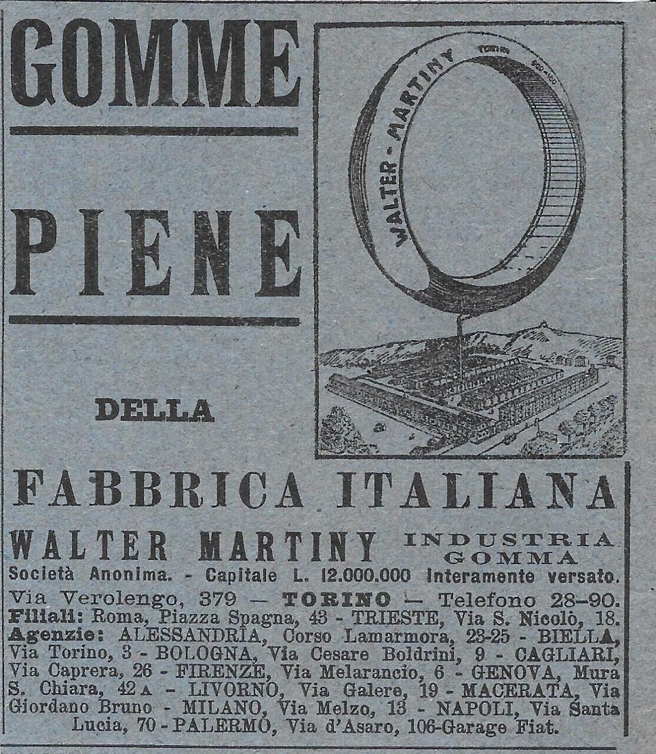 Gomme piene della fabbrica italiana Walter Martiny, Torino. Advertising 1920