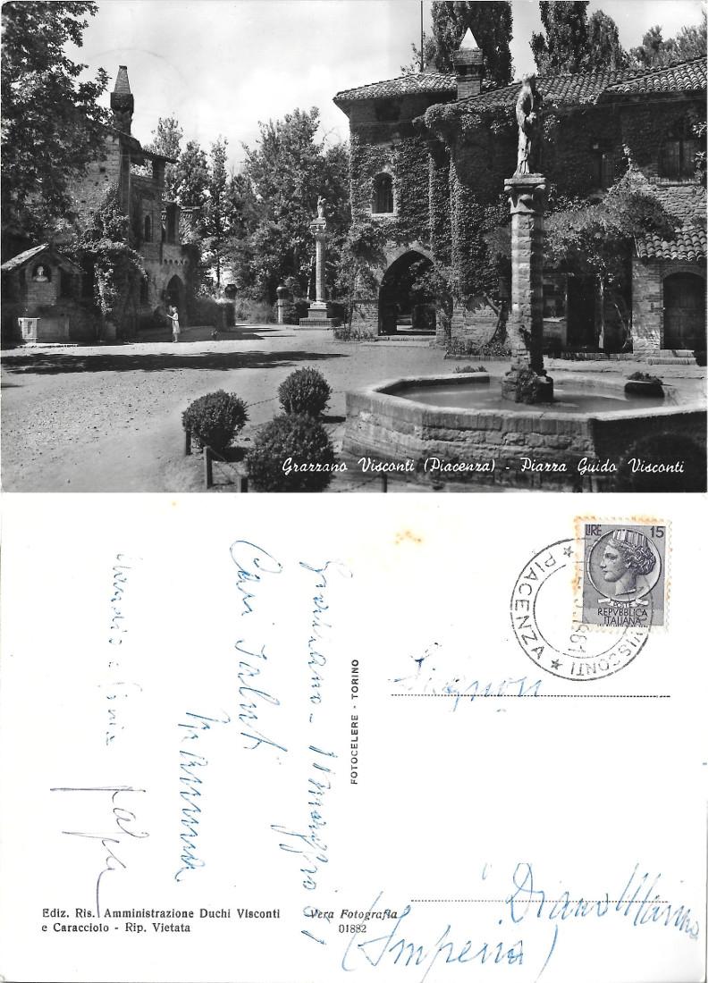 Grazzano Visconti (PC). Piazza Guido Visconti. Viaggiata 1961